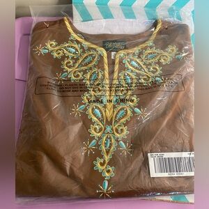 Bob Mackie Wearable Art Embroidered V Neck Tunic in Brown NWT Women’s Plus 2X